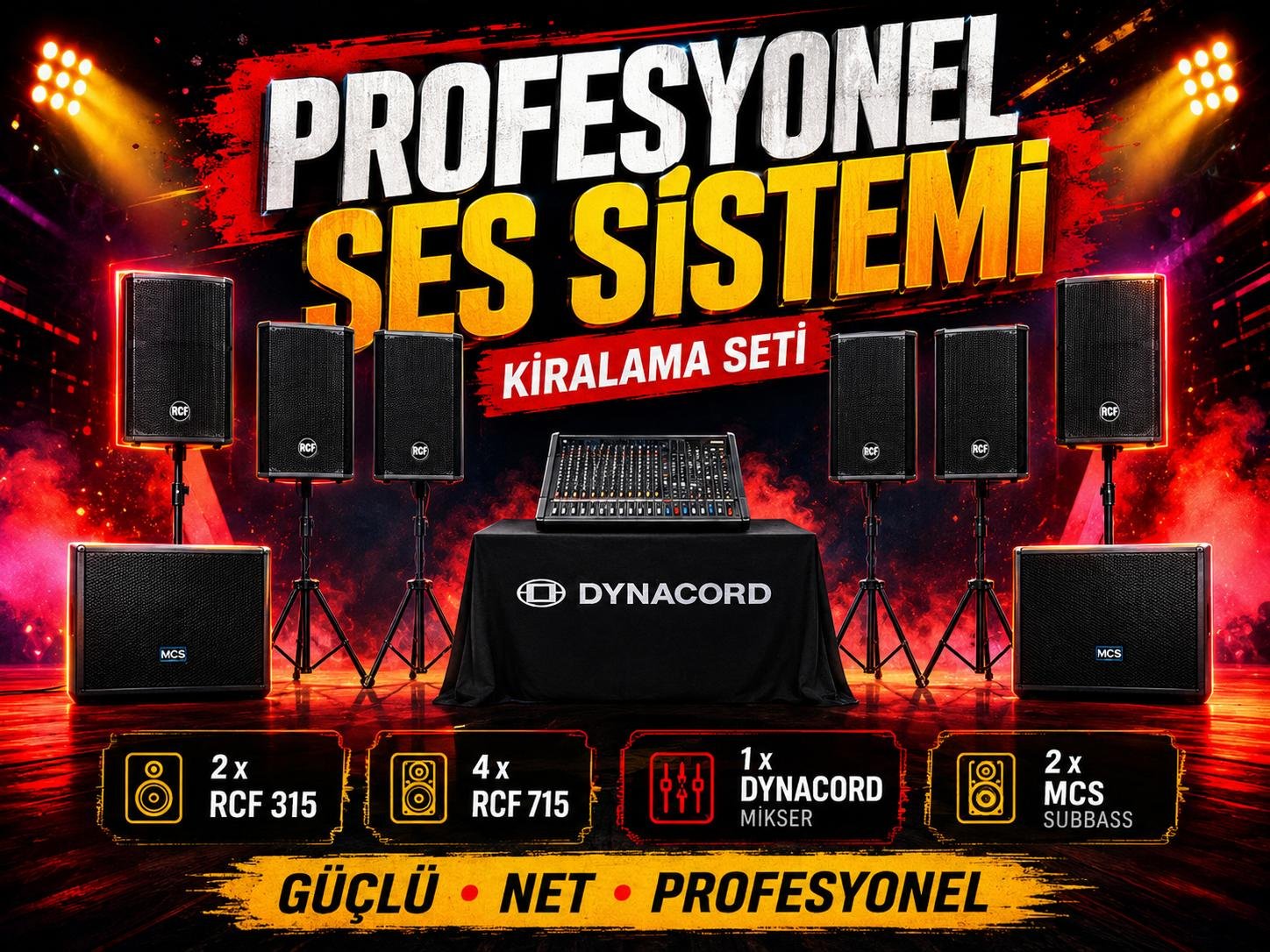 Geniş etkinlikler için profesyonel ses sistemi kiralama seti