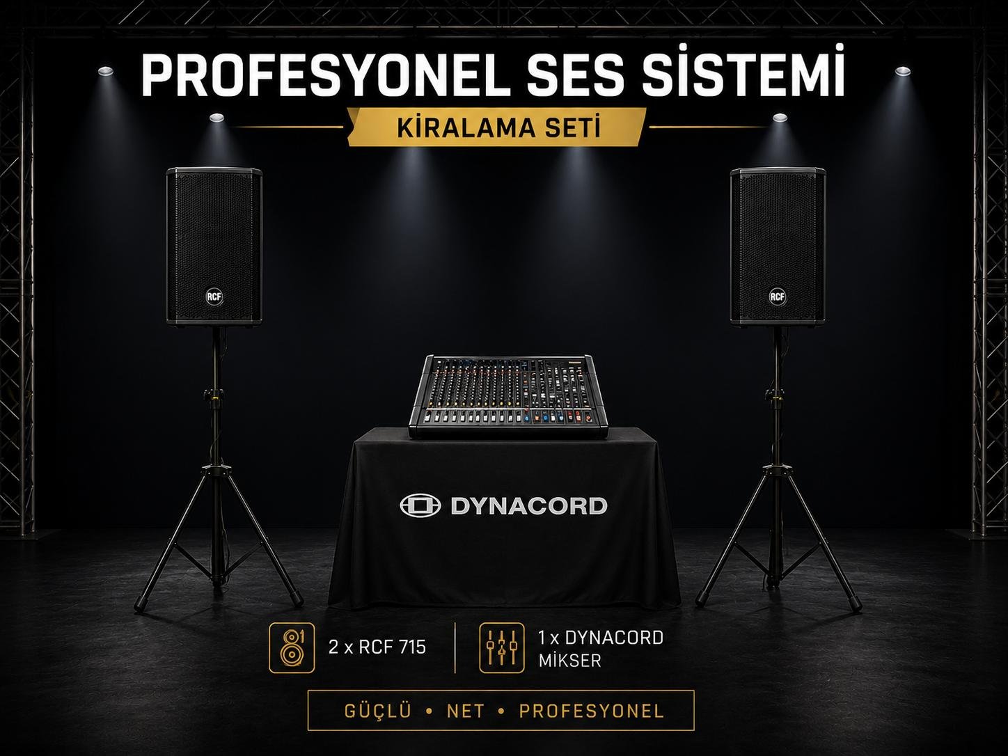 RCF 715 ve Dynacord mikser ses sistemi kiralama paketi